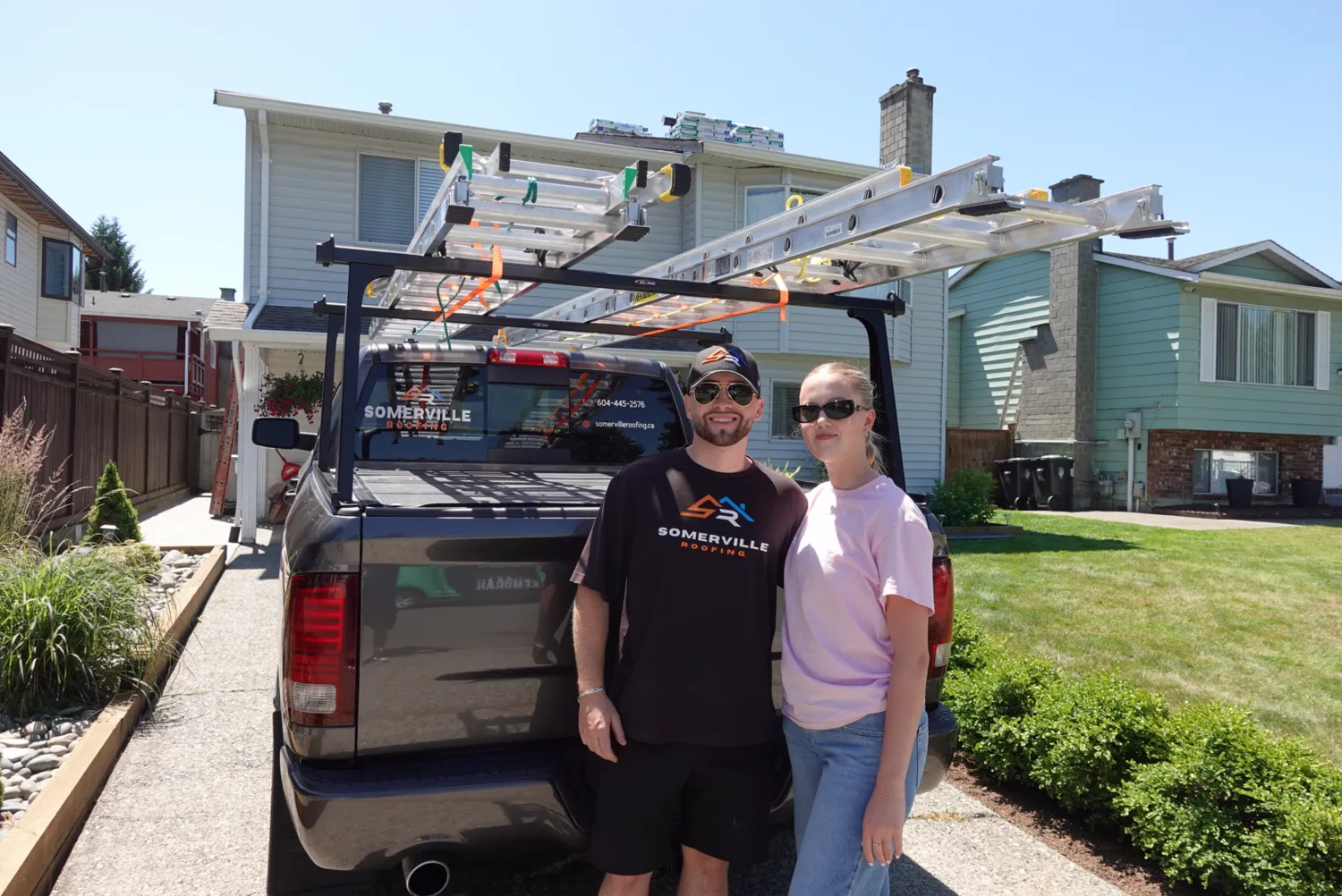 James of Somerville Roofing on site with the company truck in Surrey, BC