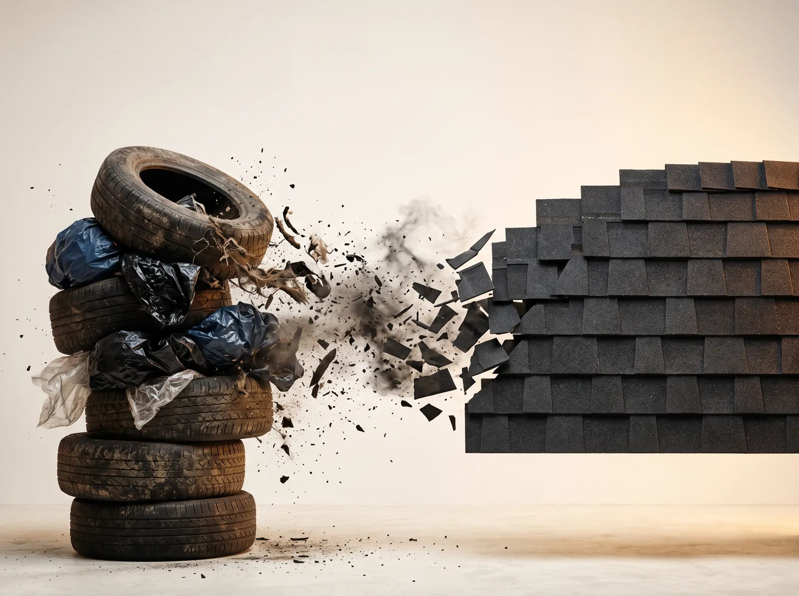 Upcycled tires and plastic transforming into NEX rubberized asphalt shingles